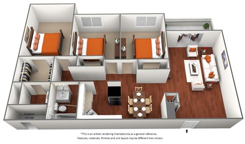 Floor plan for 3 beds, 1.5 baths, 1100 sqft